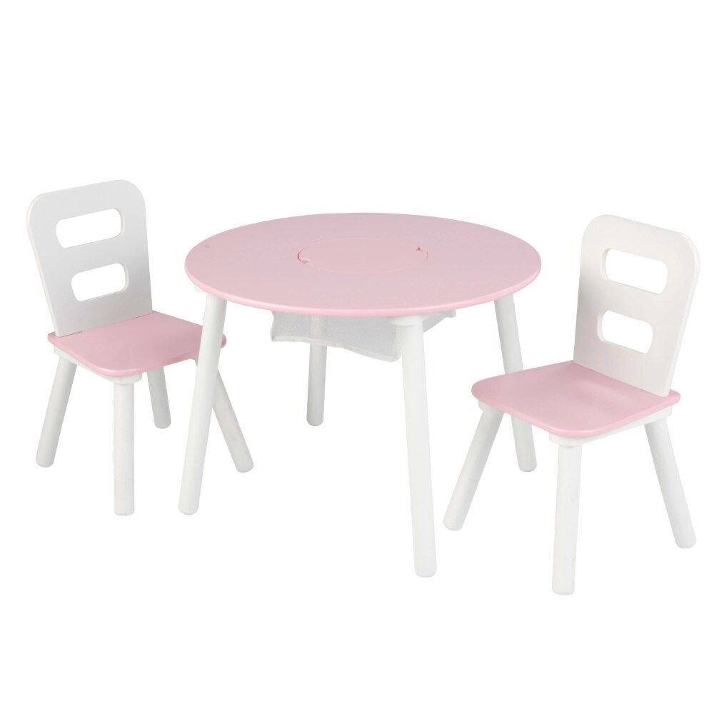 어린이용 나무 원형 보관 테이블 및 의자 2 개 세트, 핑크 및 화이트, 어린이 가구 세트